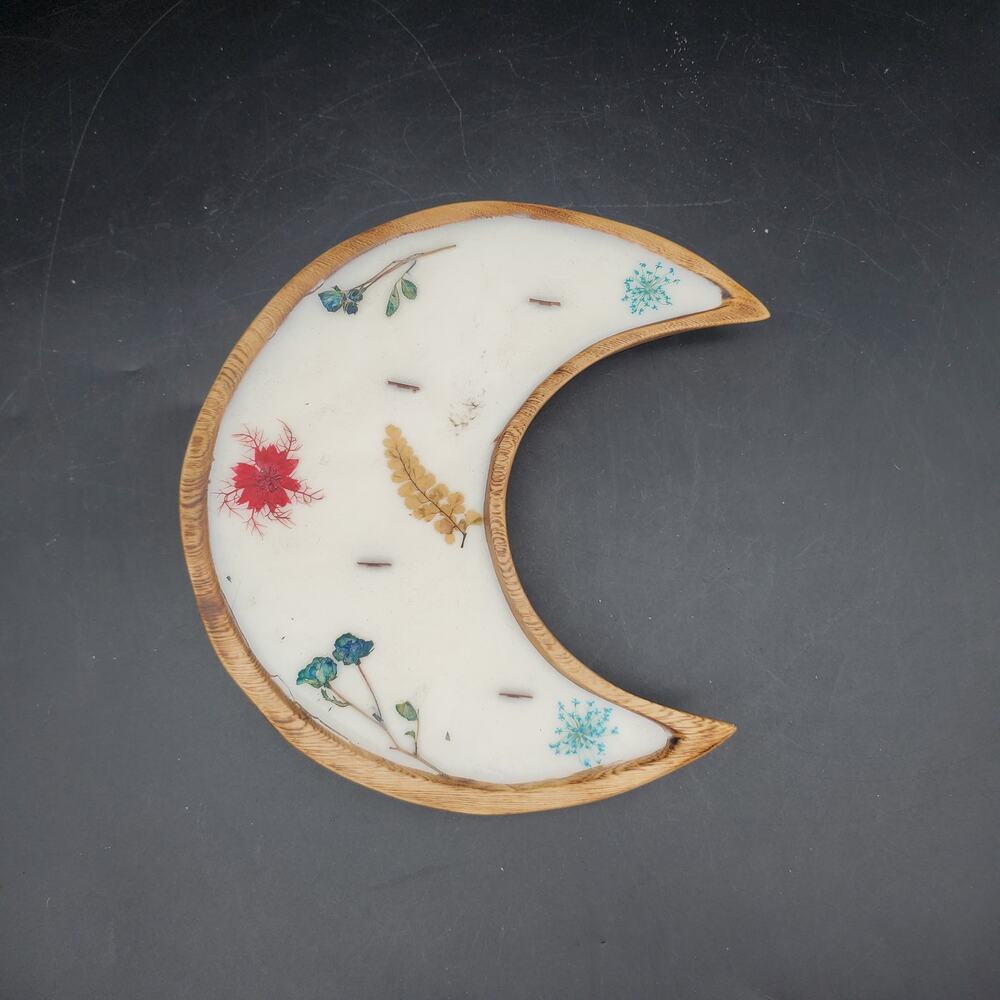 Large 4-Wick Crescent Moon Dough Bowl Candle Pressed Flowers Botanical Decor